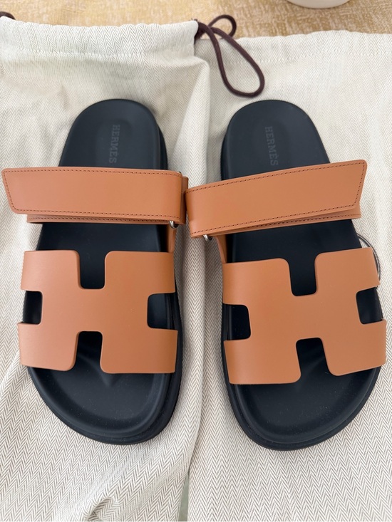 Hermes Shoes - Hermes Tan Leather H-Slot Slide Sandals with Black Footbed